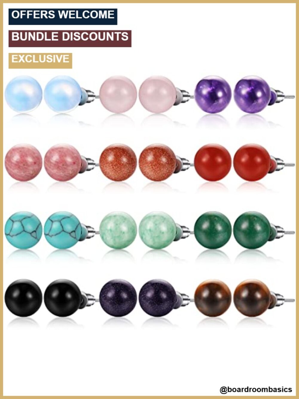 12 Pair Natural Stone Stud Earrings Agate Ball Crystal Gemstone Set
